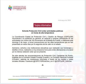 Exhorta Protección Civil evitar actividades públicasen horas de alta temperatura